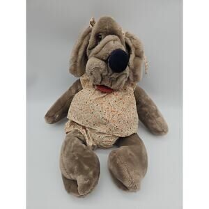 Vtg Ganzbros Hand Puppet Plush Wrinkles Dog Gray Brown Flower Dress 16" 1981